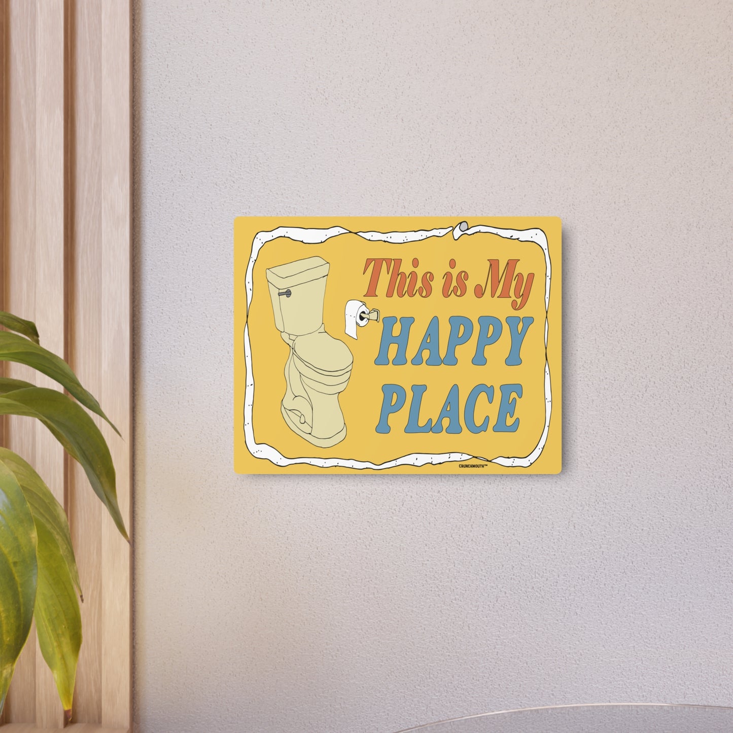 this is my happy place bathroom wall hanging, 14x11, aluminum metal wall art, light colored wall background