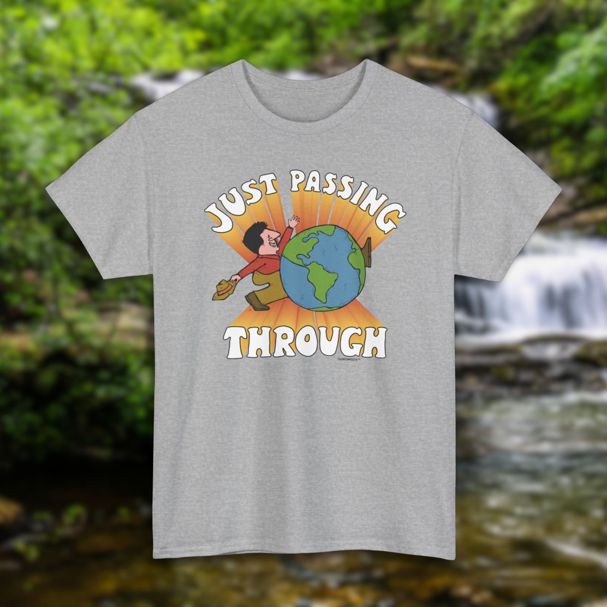 passing through tshirt, sport grey color, waterfall nature background