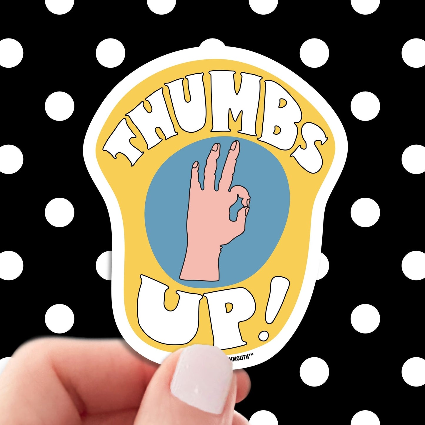 thumbs up a-okay sticker, hand display, polka dots pattern design background
