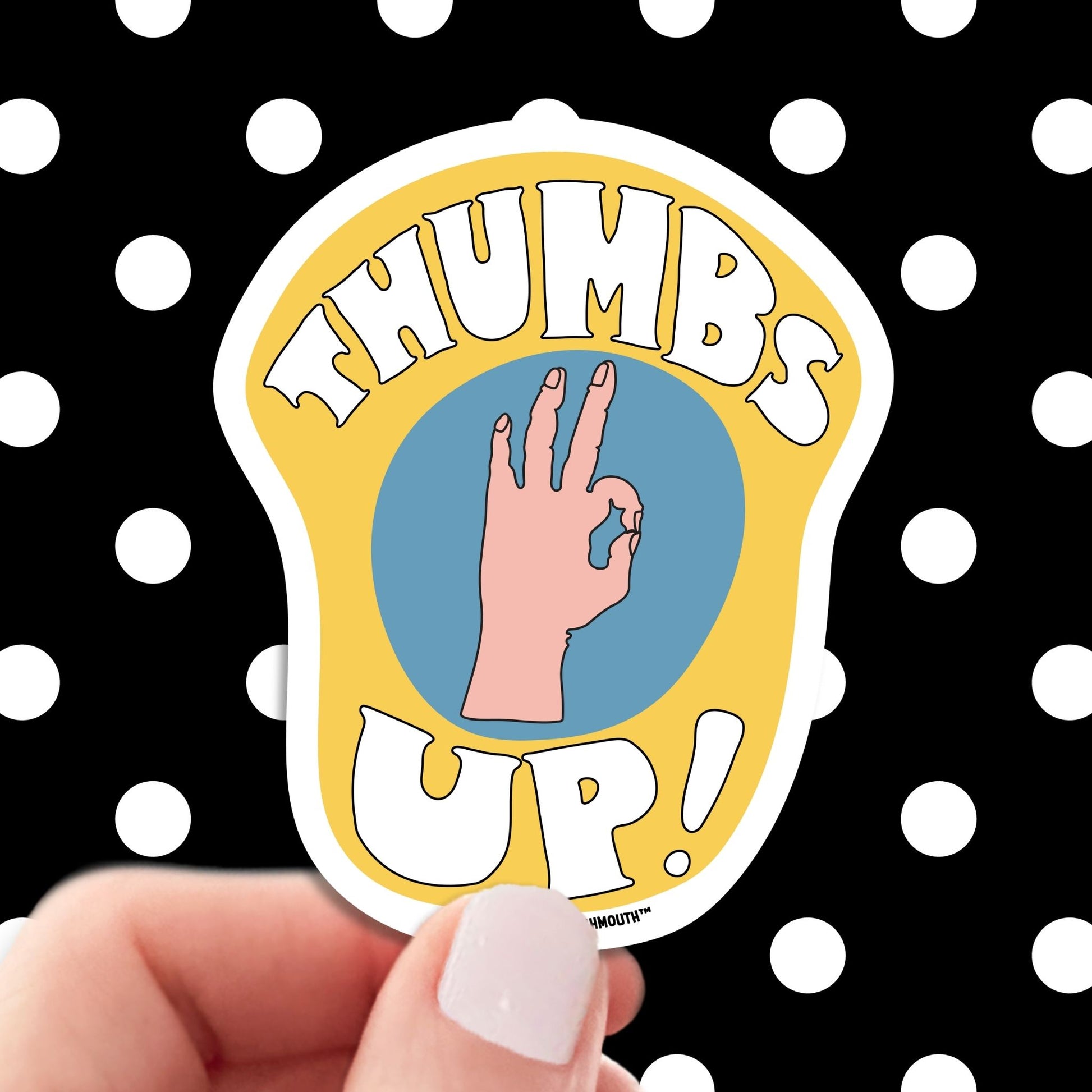 thumbs up a-okay sticker, hand display, polka dots pattern design background
