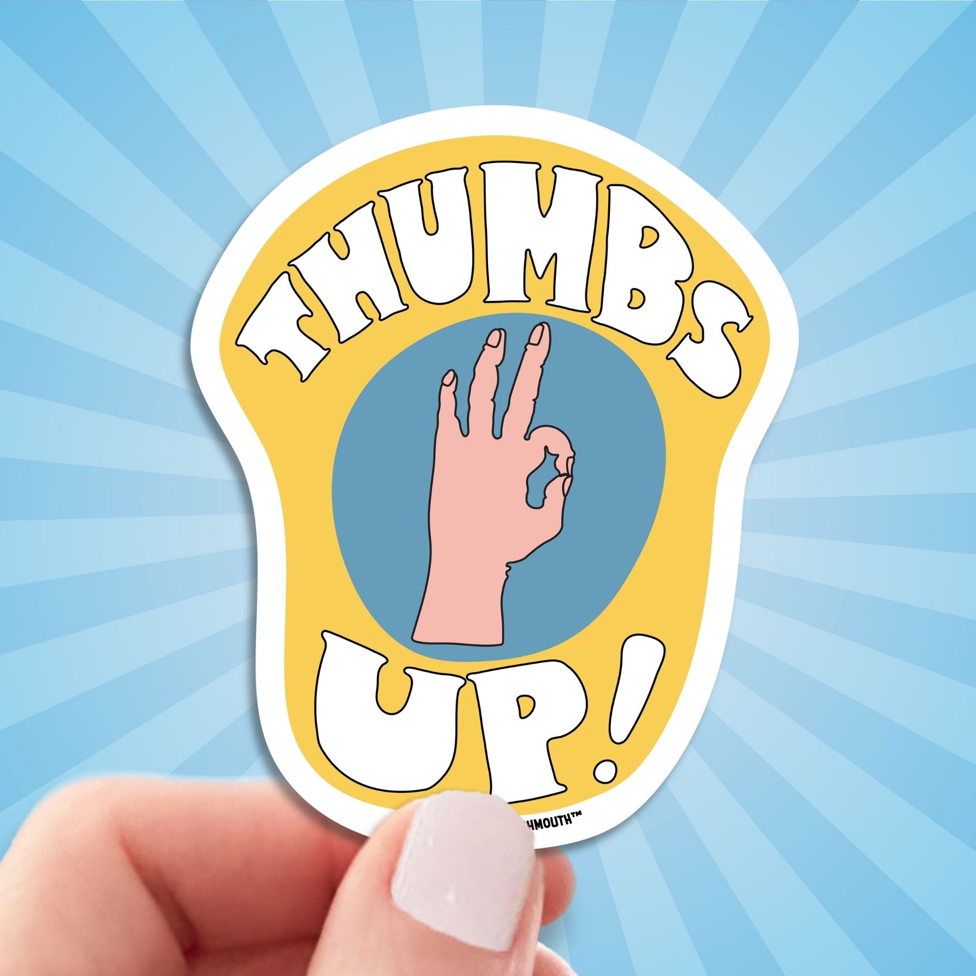 thumbs up a-okay sticker, hand display, sun rays design background
