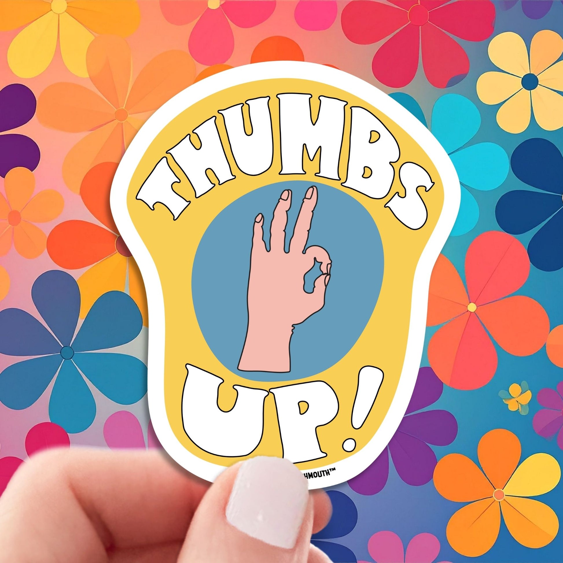 thumbs up a-okay sticker, hand display, retro design background
