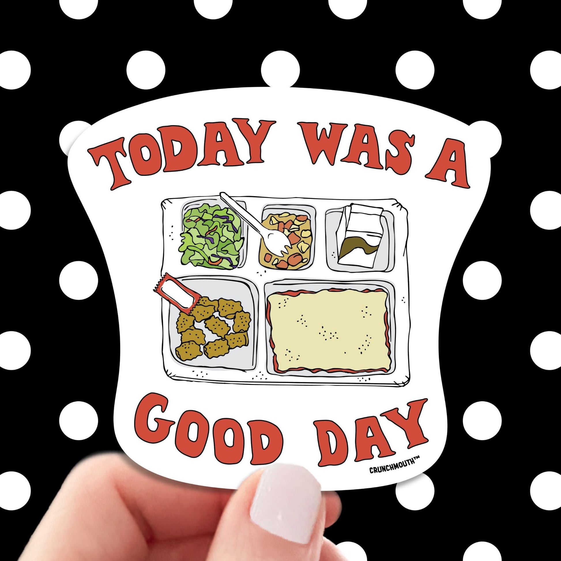 school lunch sticker, today was a good day, hand display, polka dots pattern design background