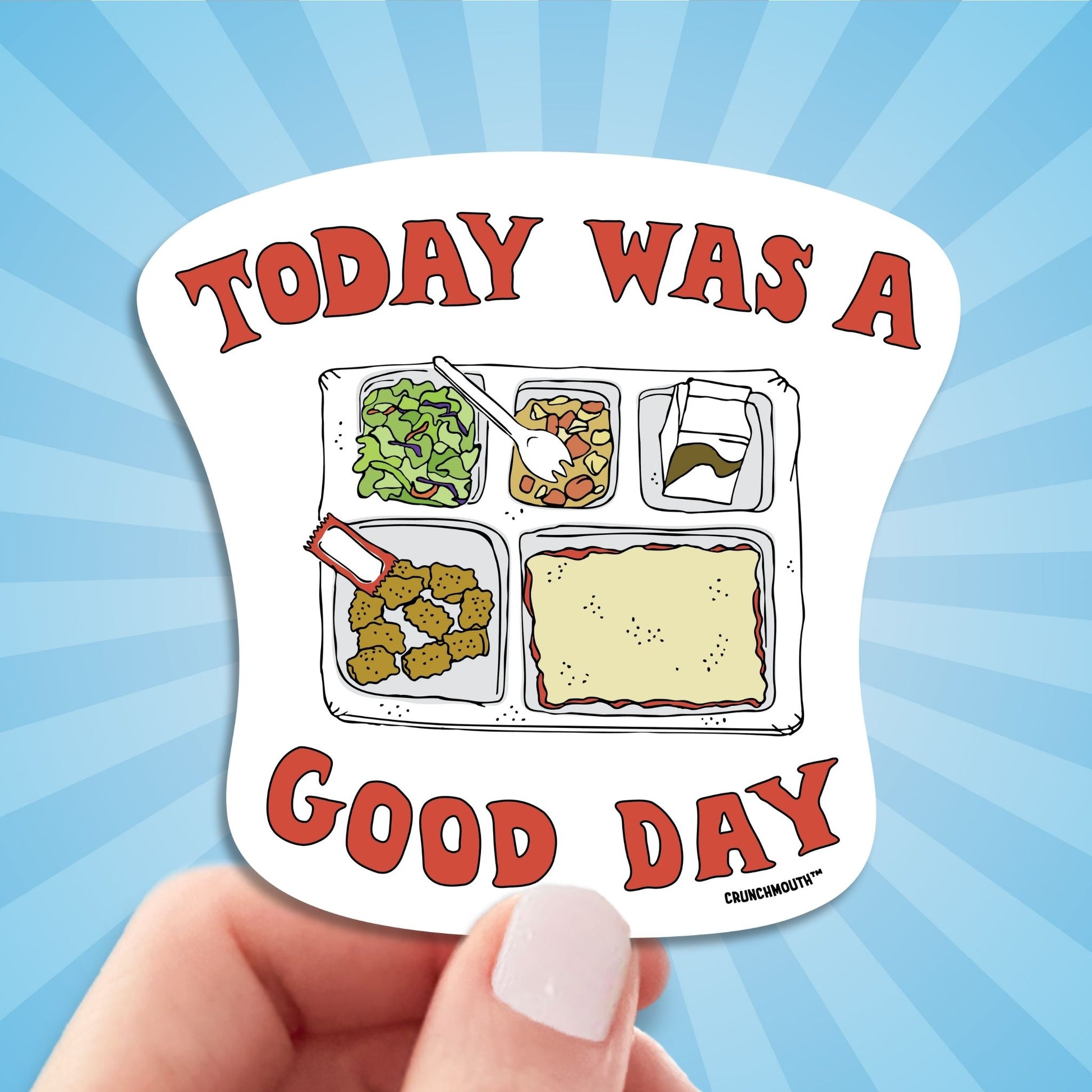 school lunch sticker, today was a good day, hand display, sun rays design background