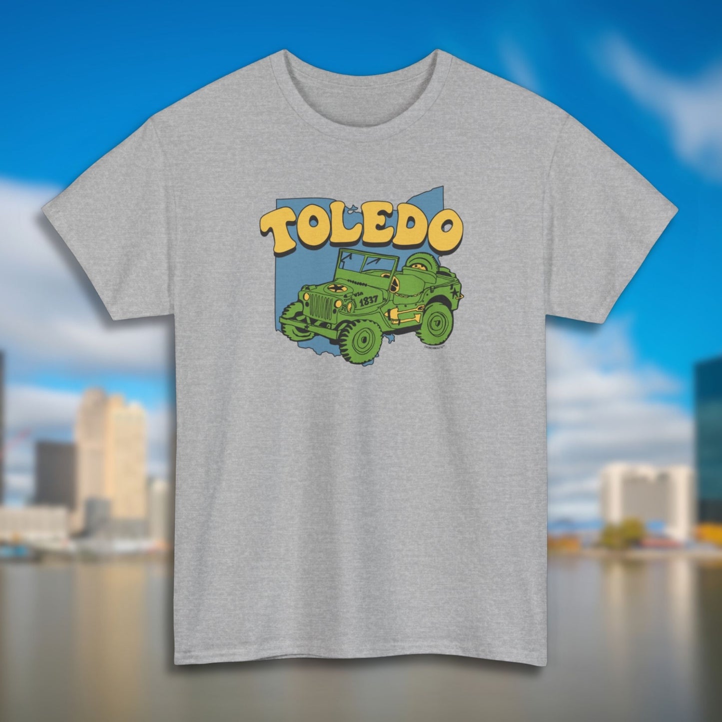 toledo ohio souvenir tee, sport grey color, skyline background