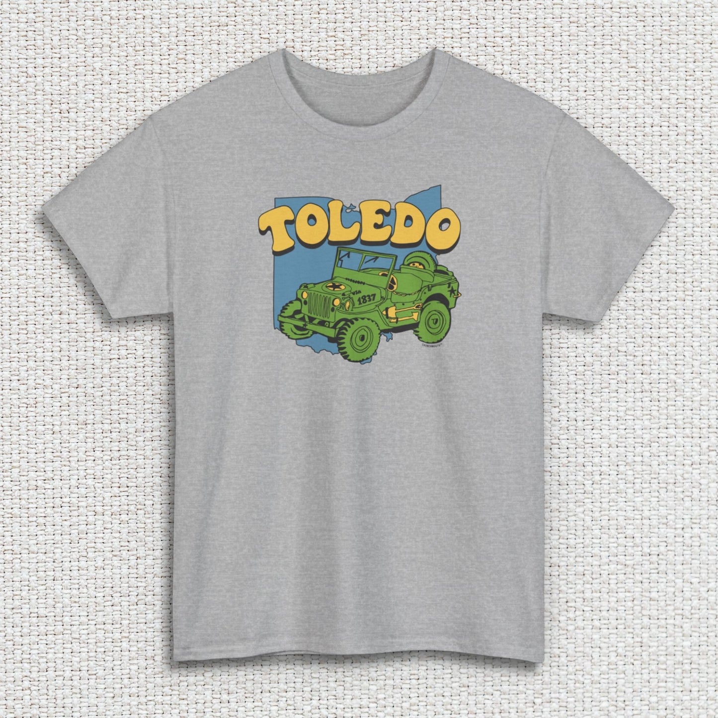 toledo ohio souvenir tee, sport grey color, white textured fabric background
