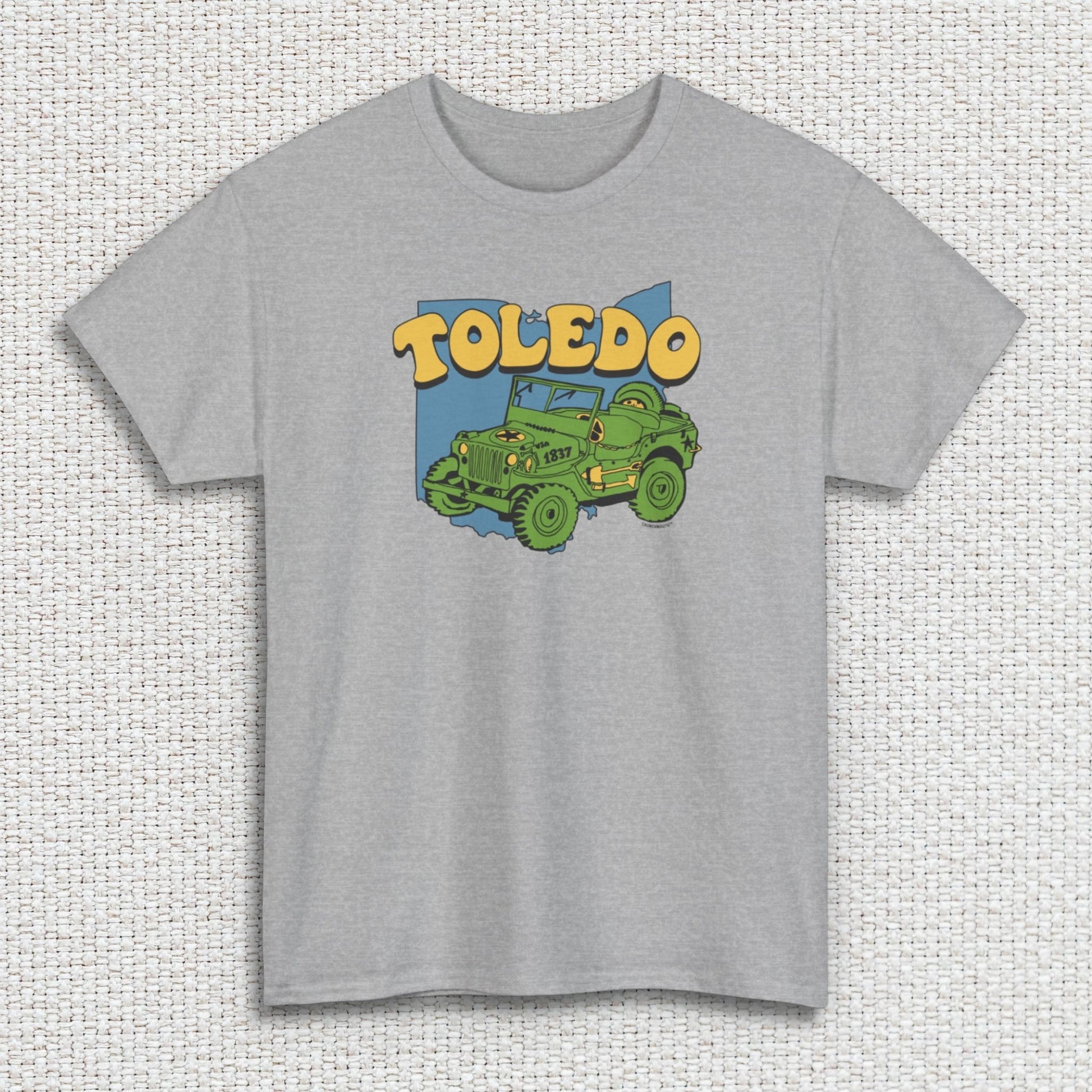 toledo ohio souvenir tee, sport grey color, white textured fabric background