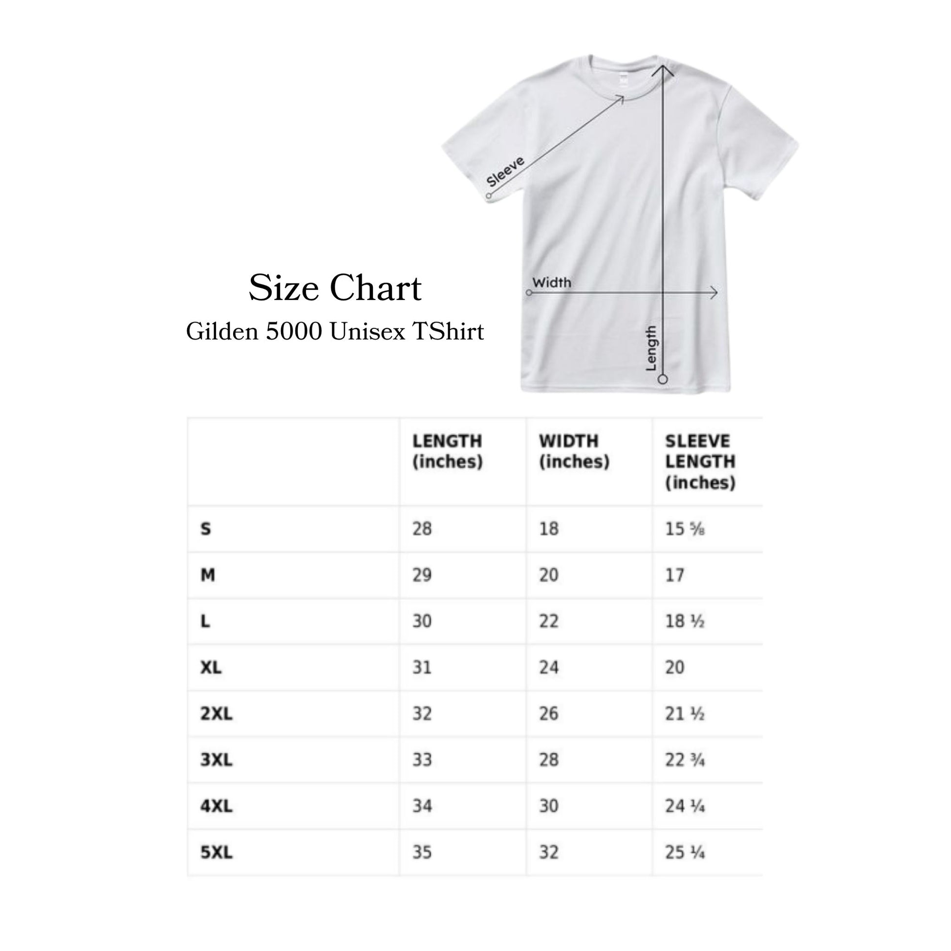 Size chart for Gilden 5000 Unisex T-Shirt 