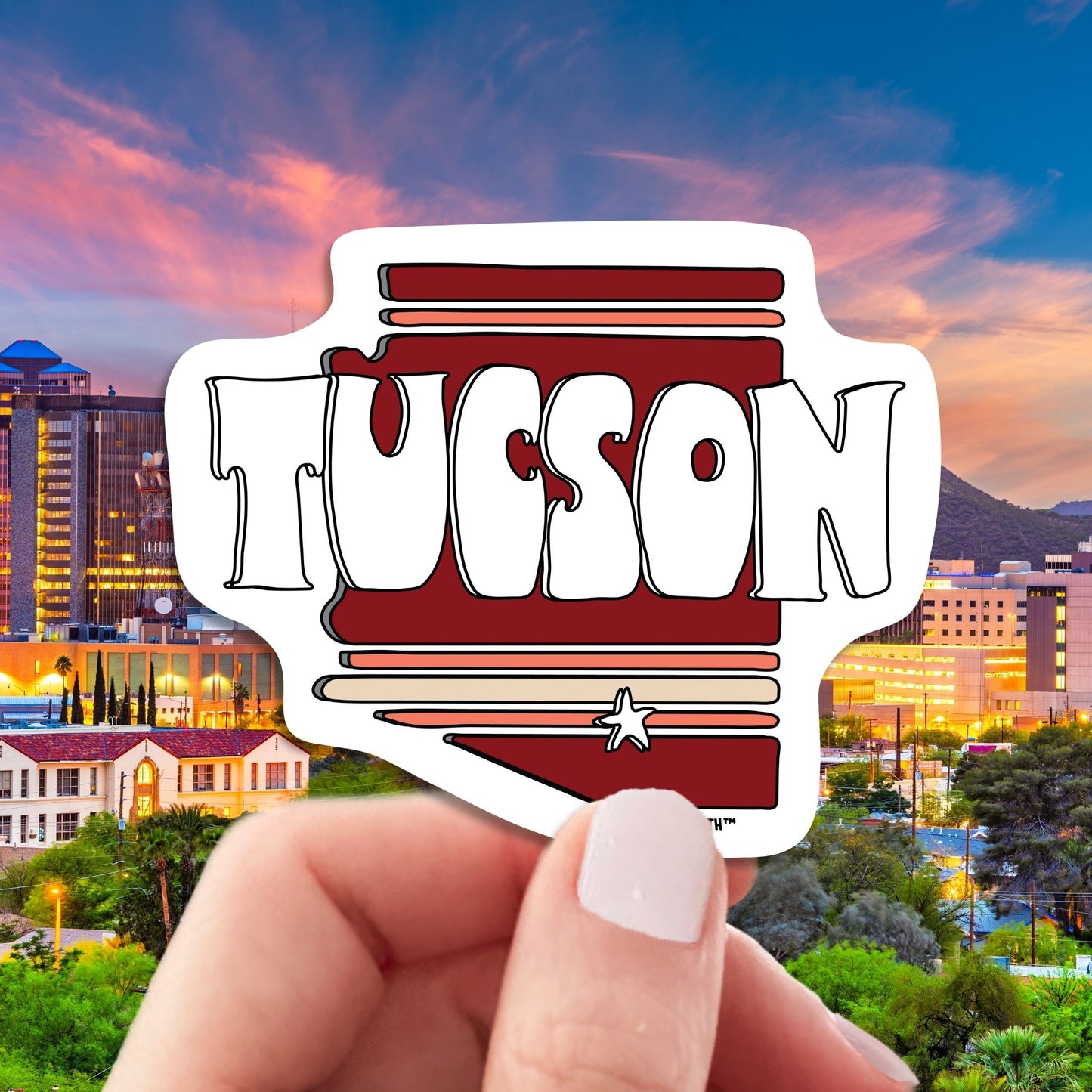 tucson travel luggage sticker, hand display, skyline background
