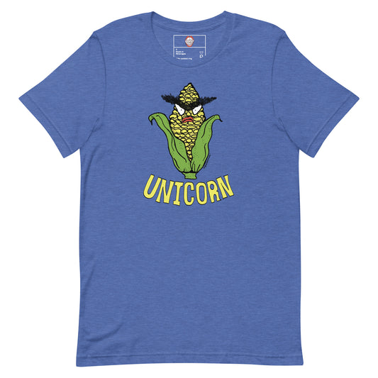 unicorn tee, funny ear of corn with unibrow