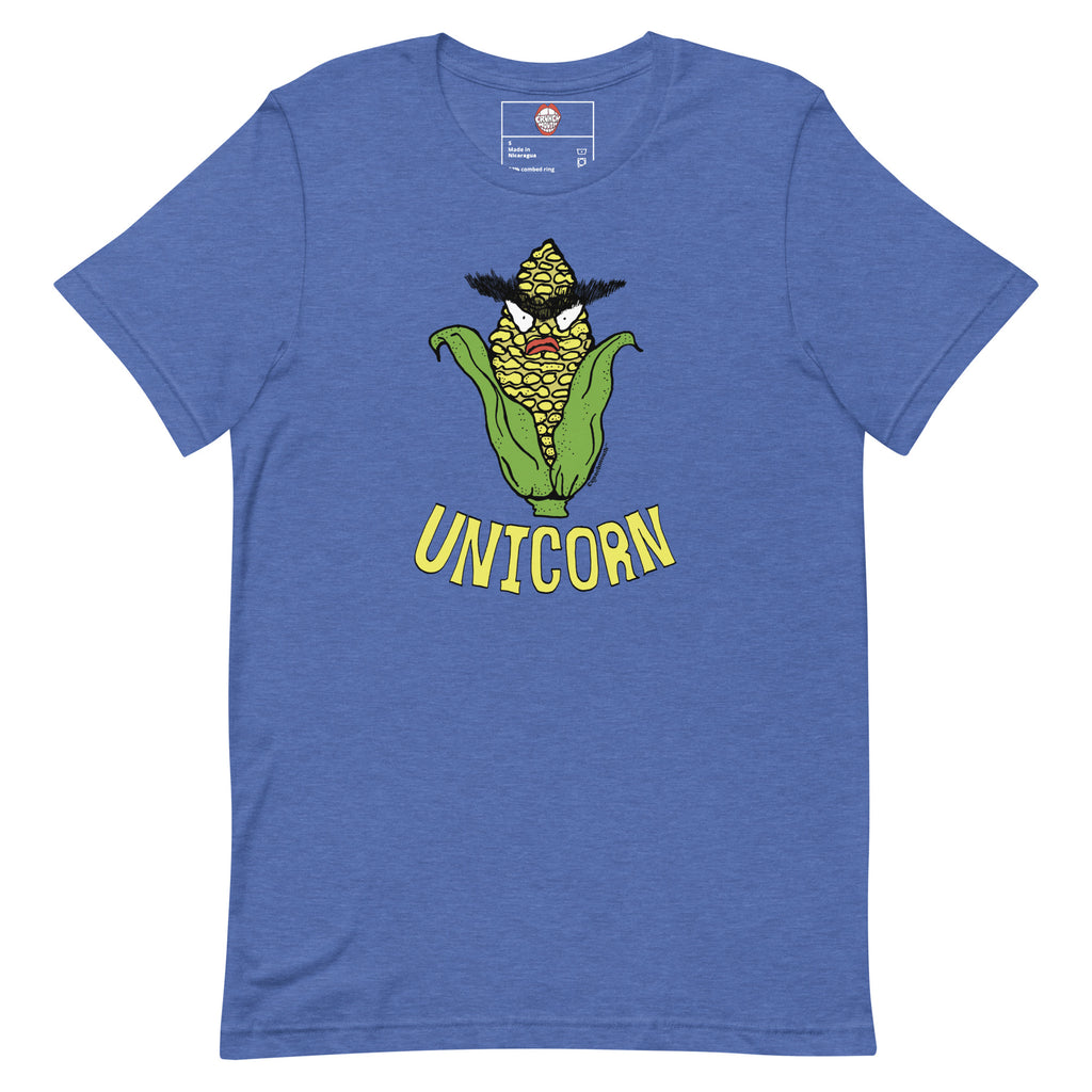 unicorn tee, funny ear of corn with unibrow