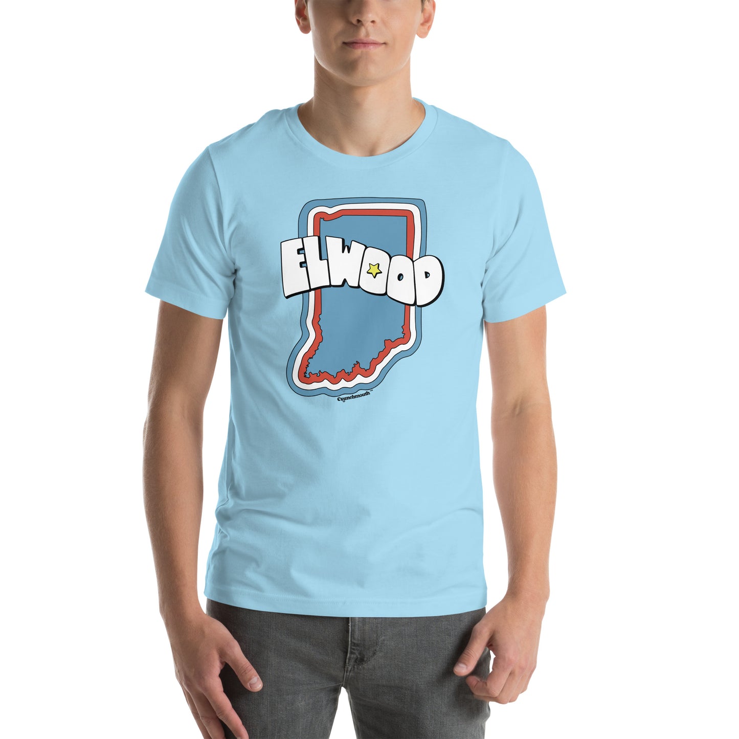 elwood indiana hoosier state love unisex t shirt displayed on male model