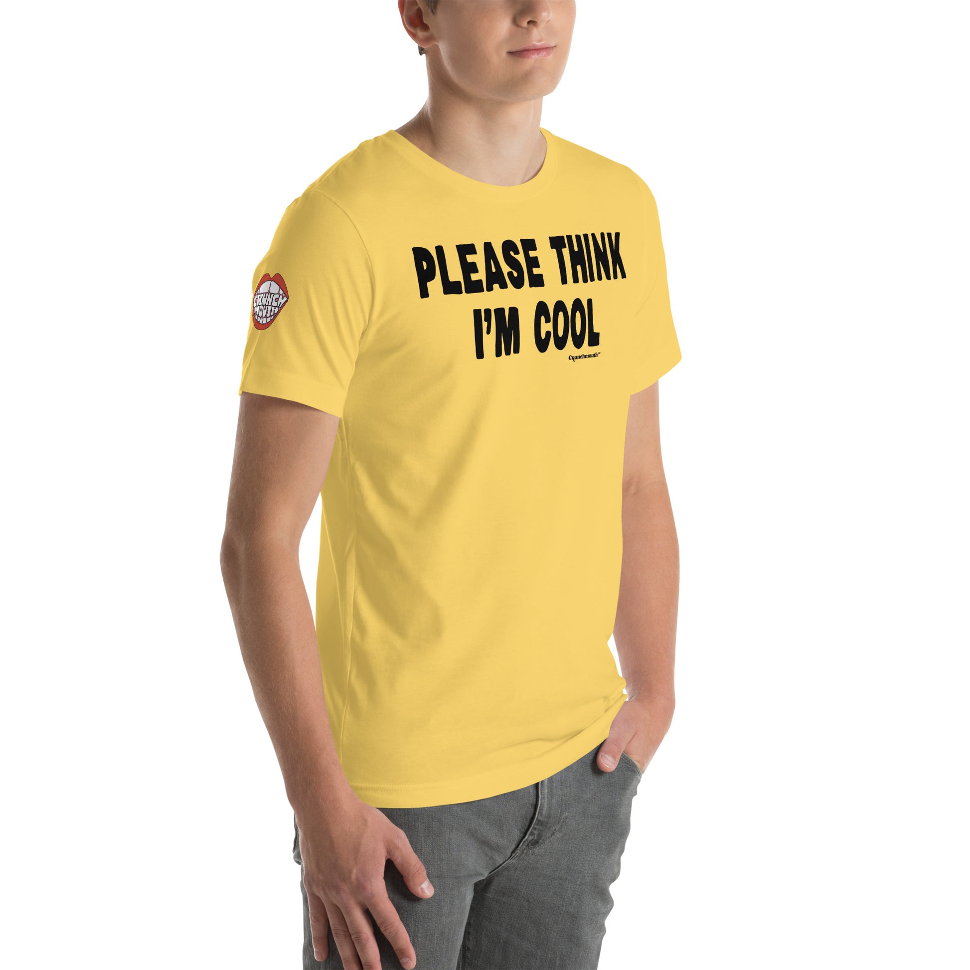 please think i'm cool t shirt displayed on male model, angle 3