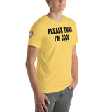 please think i'm cool t shirt displayed on male model, angle 3