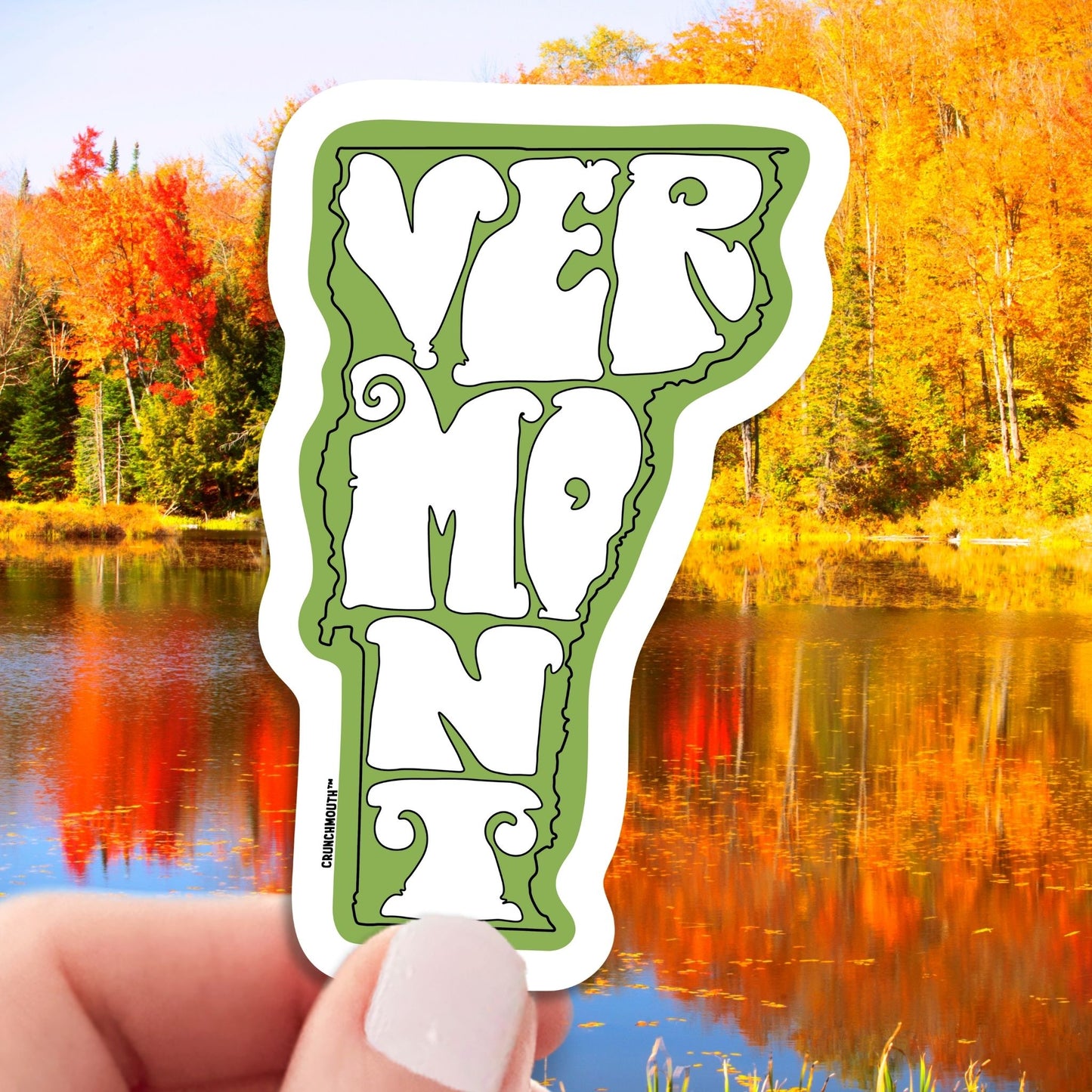 state of vermont travel luggage sticker, hand display, vermont background