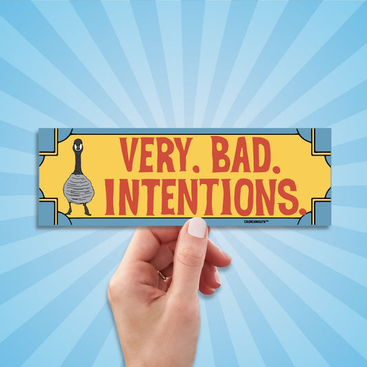 Canada goose bumper sticker, very bad intentions, hand display, sun rays design background
