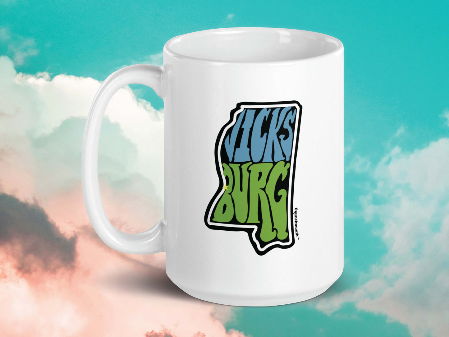 vicksburg coffee mug, 15oz, handle on left, cloud sky background