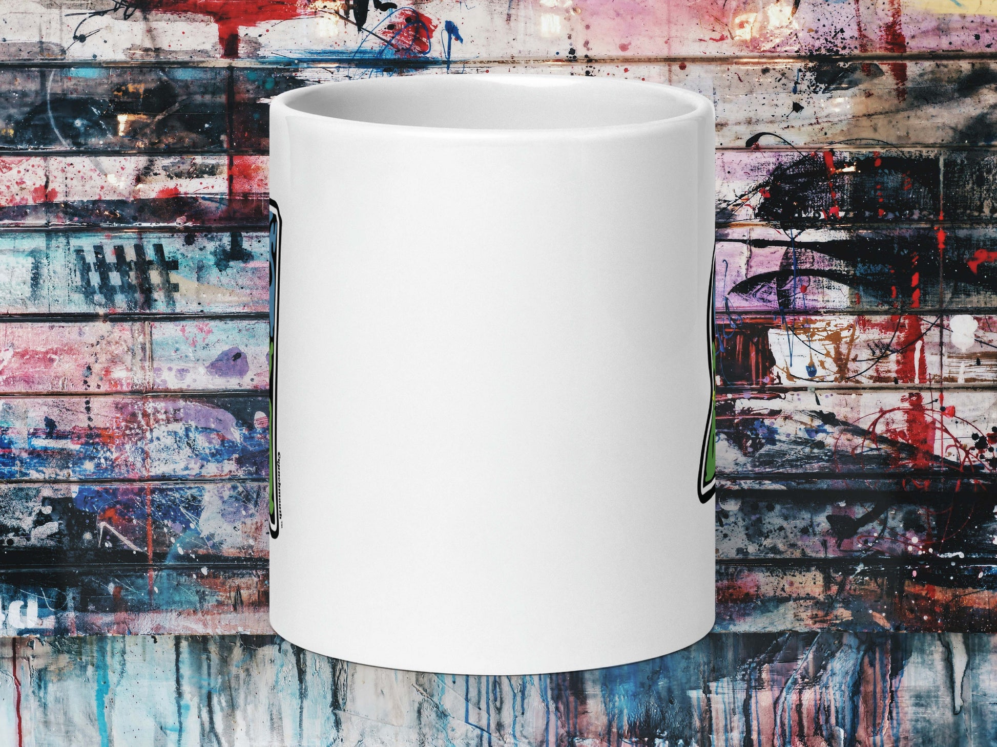 vicksburg coffee mug, 20oz, front view, graffiti wall background