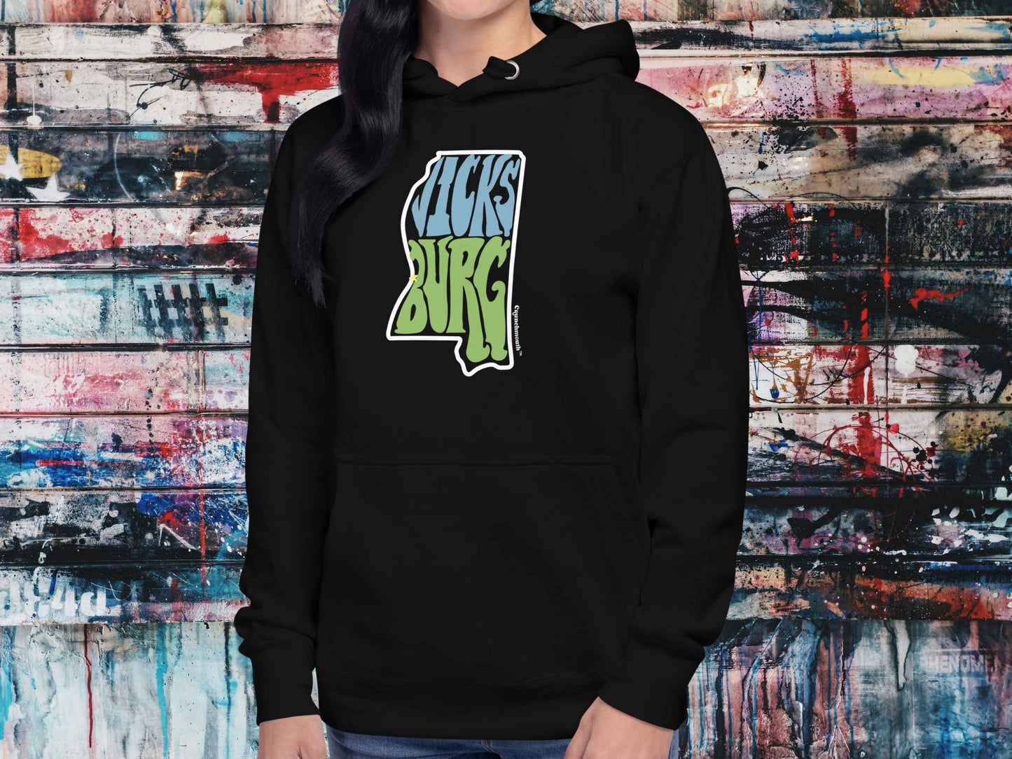 vicksburg mississippi hoodie, female, front, graffiti wall background