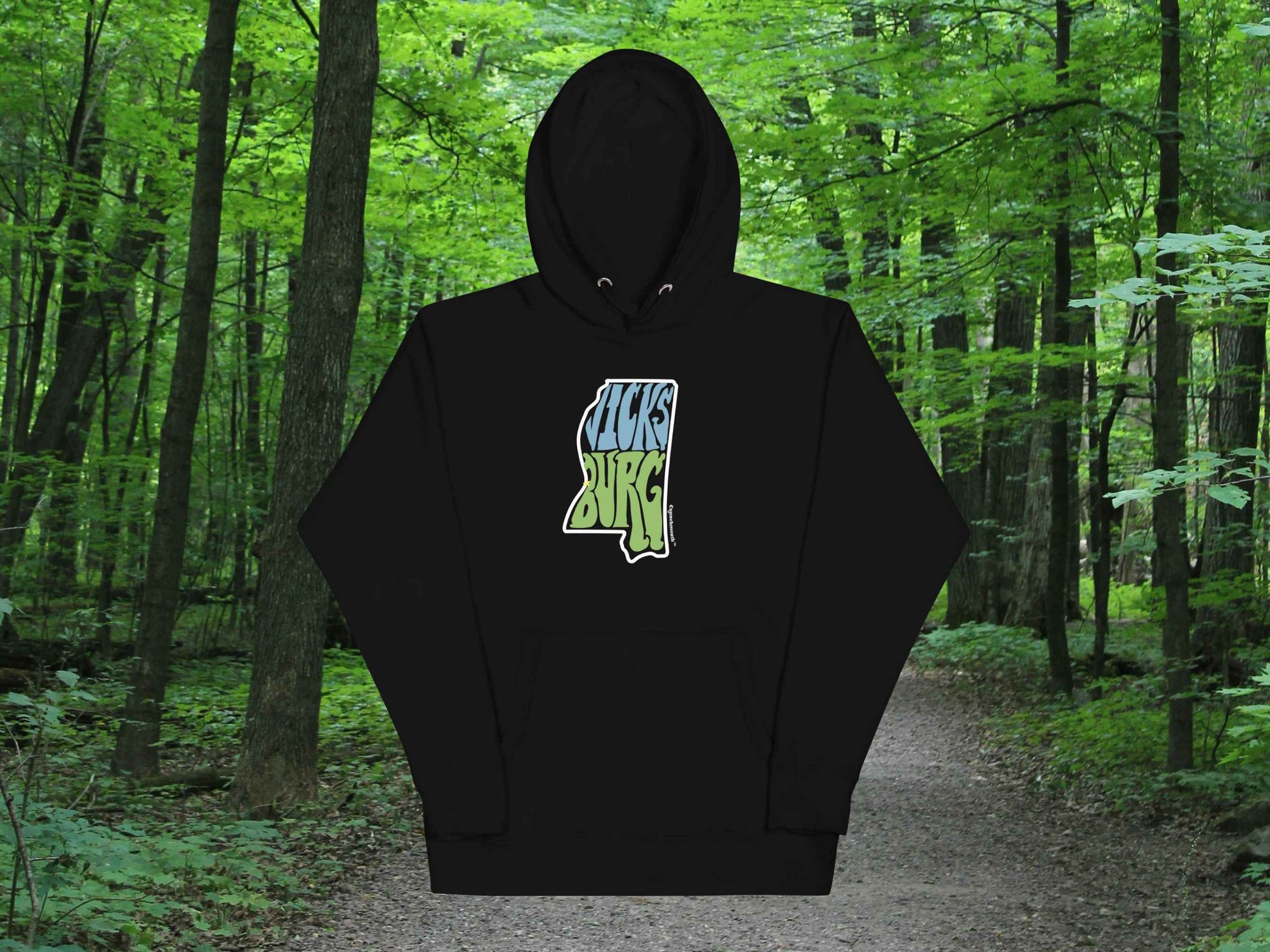 vicksburg mississippi hooded sweatshirt, flat, front, forest trail background