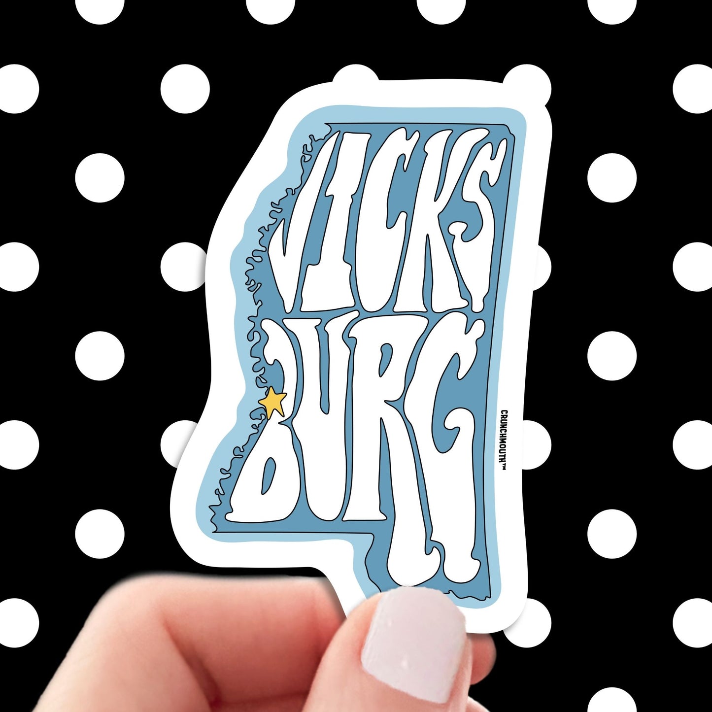 vicksburg travel luggage sticker, hand display, polka dots pattern design background