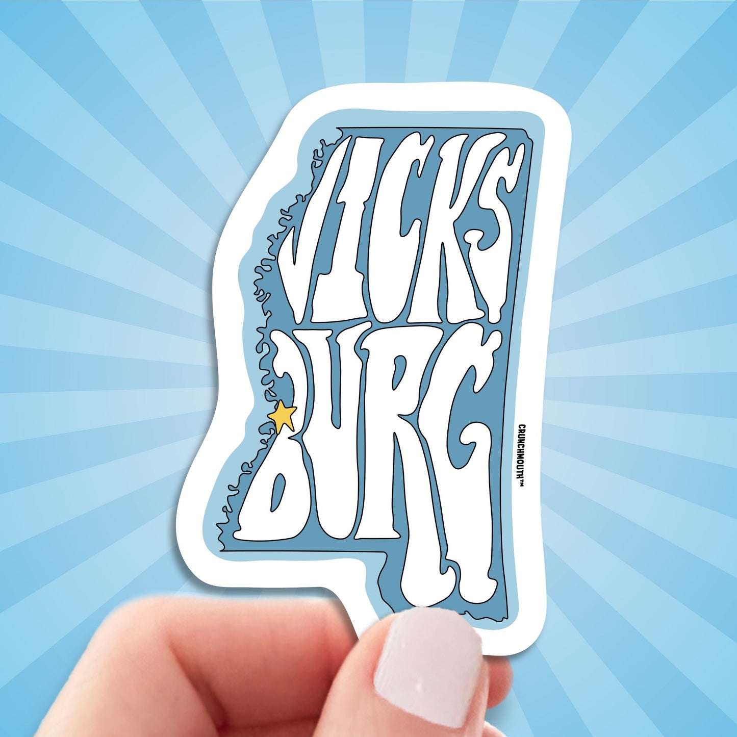 vicksburg travel luggage sticker, hand display, sun rays design background
