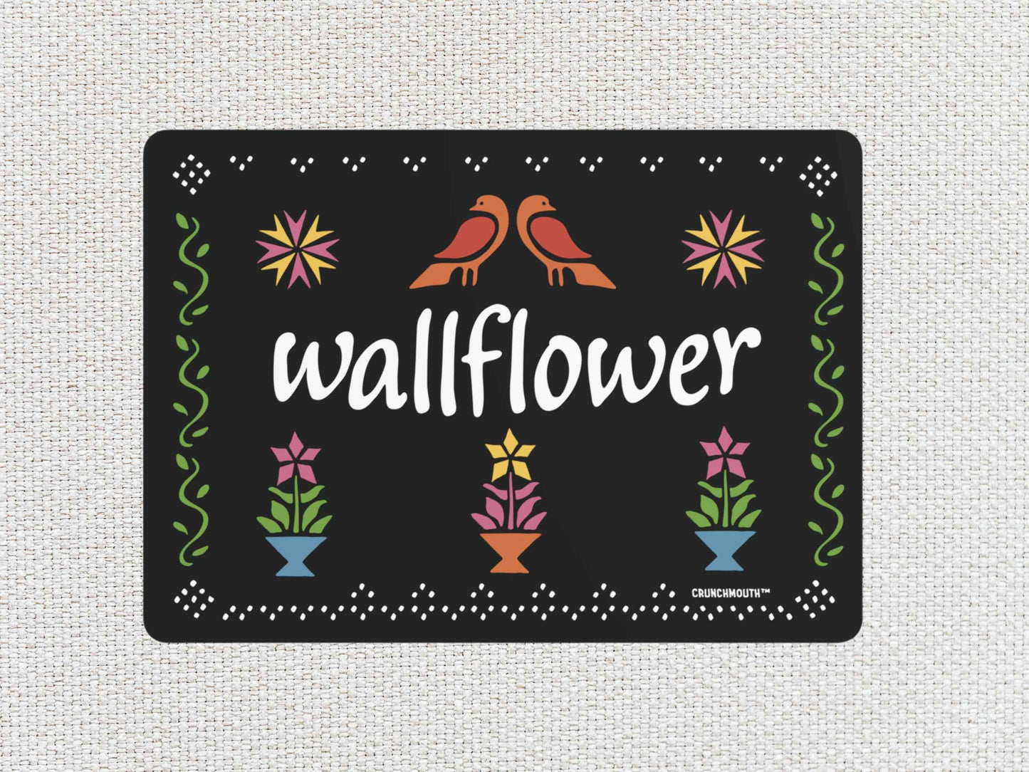 wallflower metal wall art, primitive neelepoint style design, 7in x 5in, white textured background