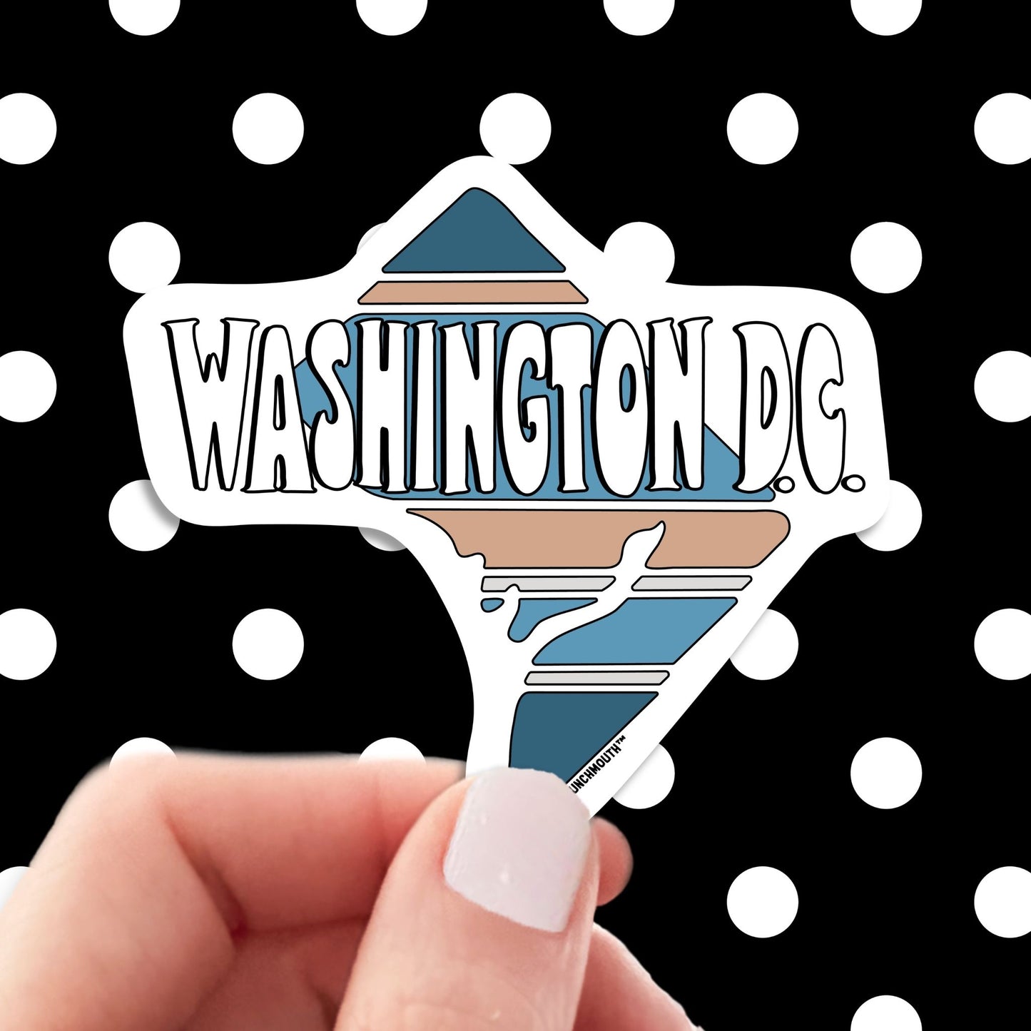 Washington dc travel luggage sticker, hand display, polka dots pattern design background

