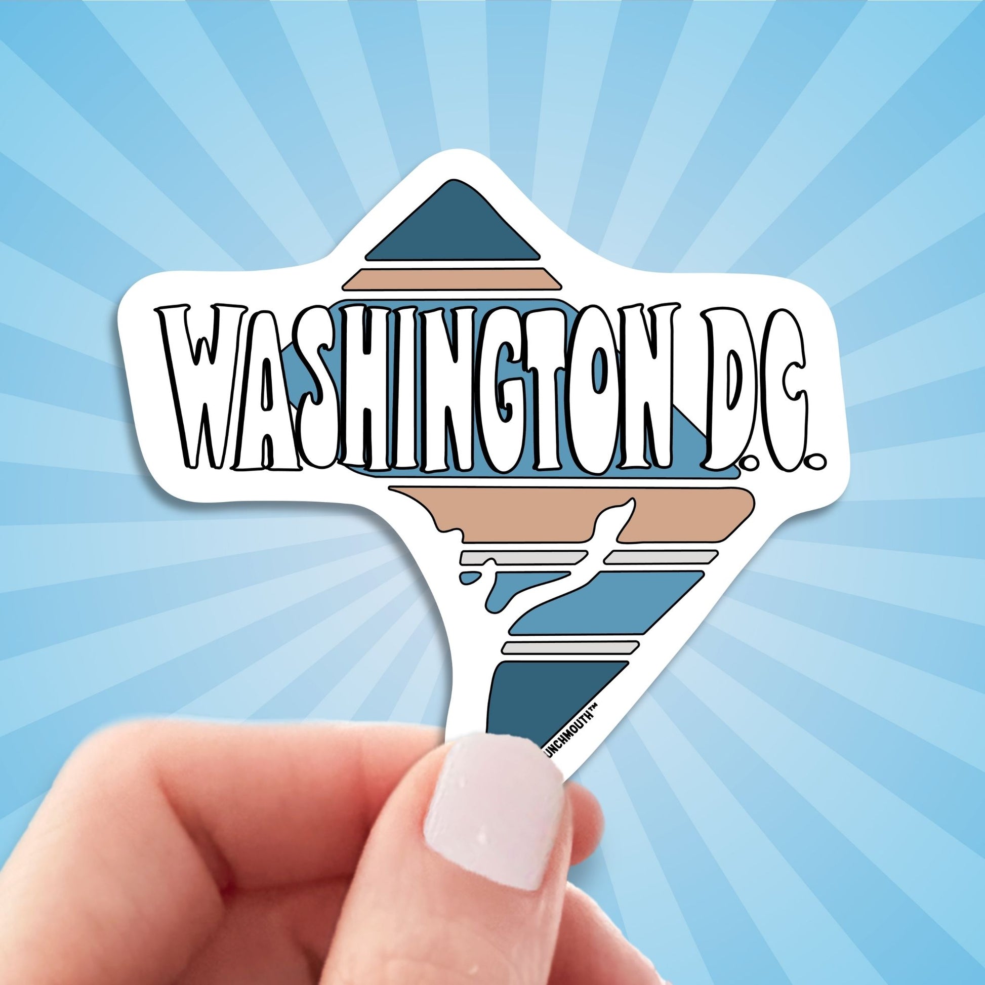 Washington dc travel luggage sticker, hand display, sun rays design background
