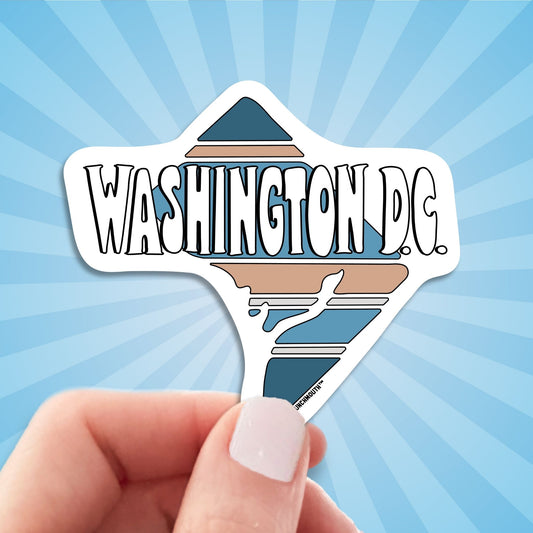 Washington dc travel luggage sticker, hand display, sun rays design background

