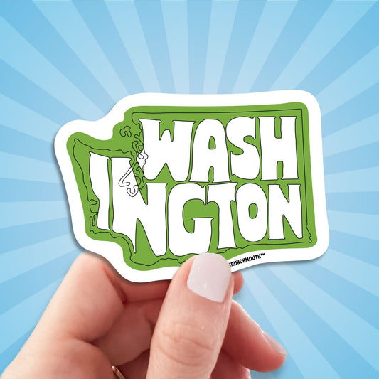 Washington state travel luggage sticker, hand display, sun rays design background
