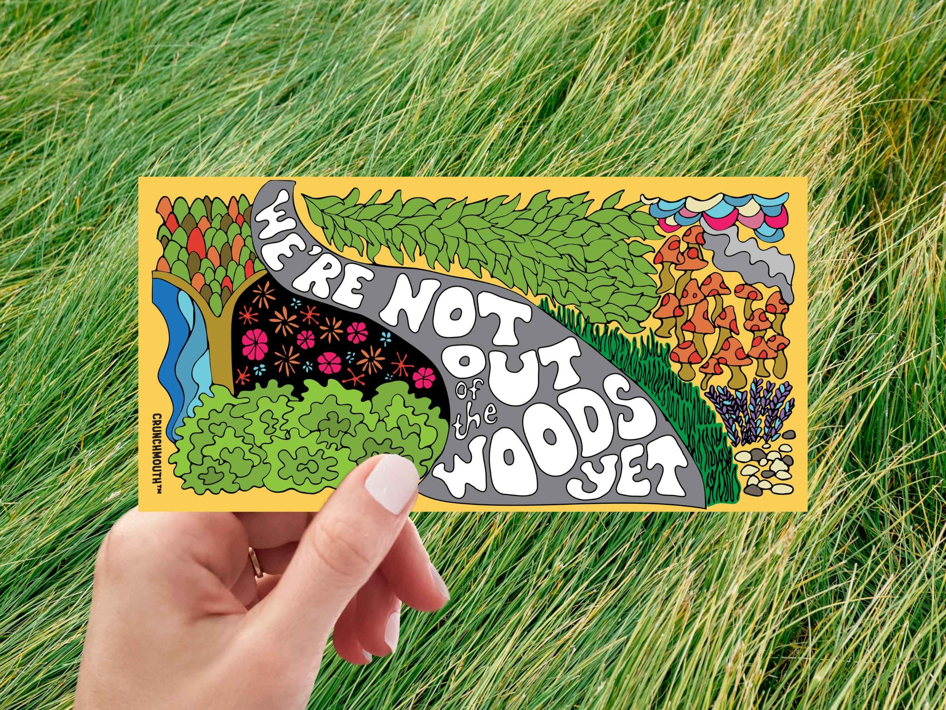 we&#39;re not out of the woods yet bumper sticker, hand display, green grass background