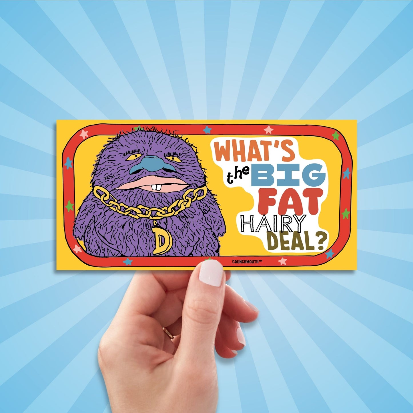 what's the big fat hairy deal bumper sticker, hand display, sun rays design background