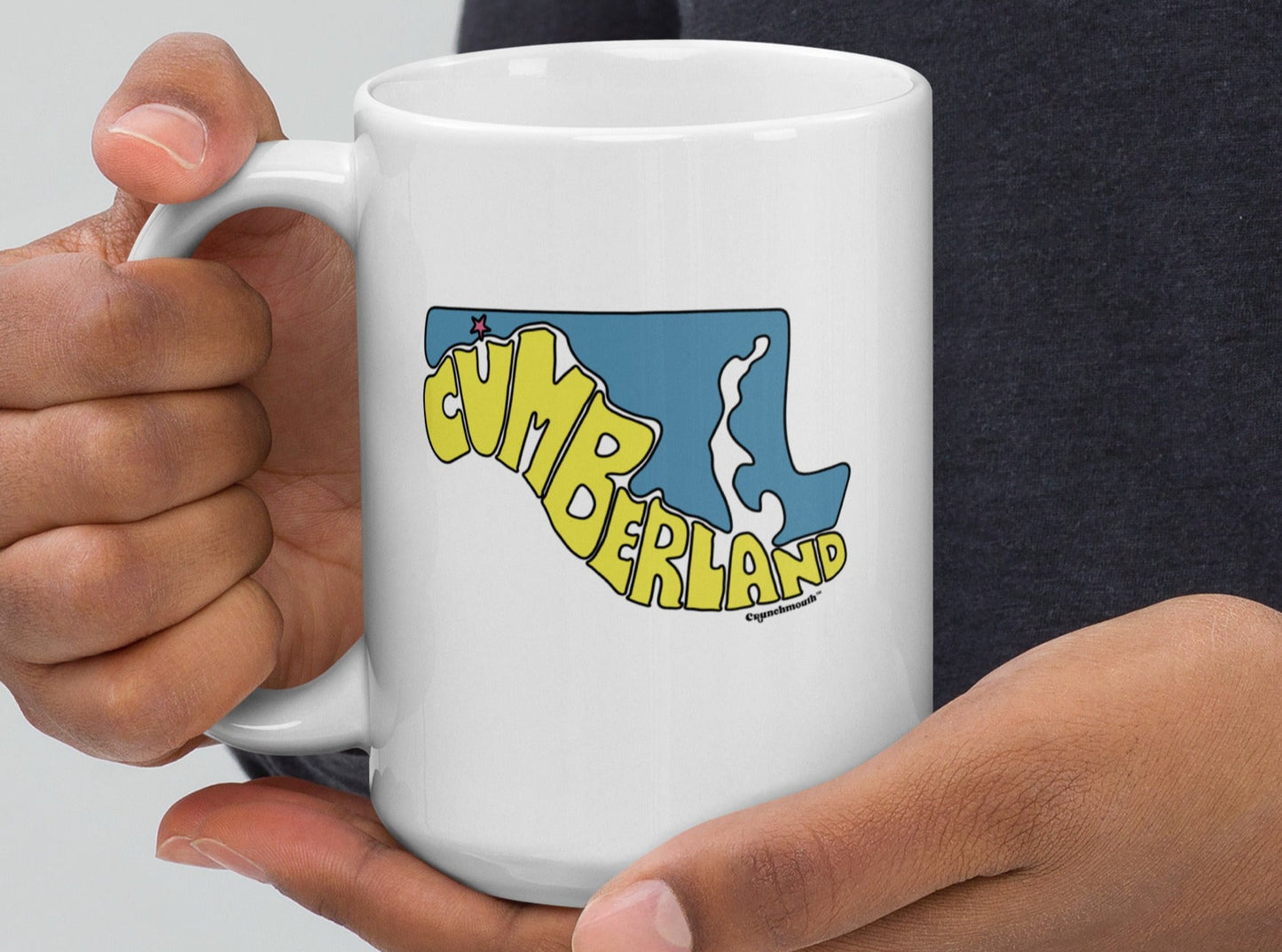 cumberland maryland 15oz coffee mug displayed in hands