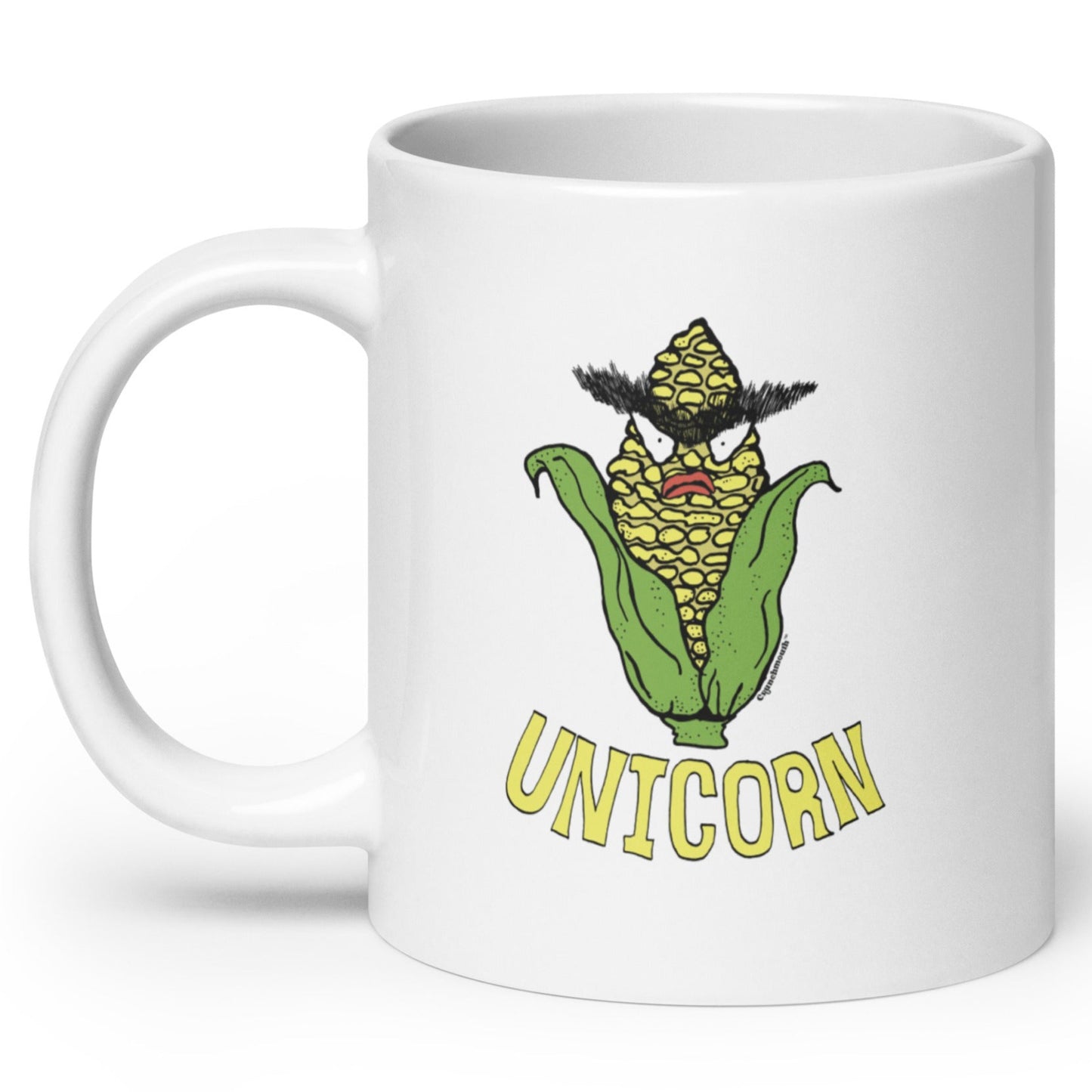 angry ear of corn with unibrow coffee mug, angle 2