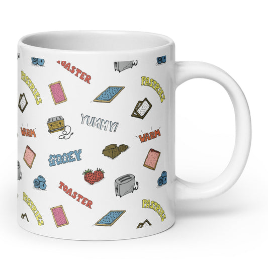 toaster pastries coffee mug featuring pop tarts, chocolate, strawberries, blueberries original cartoon art, angle 1