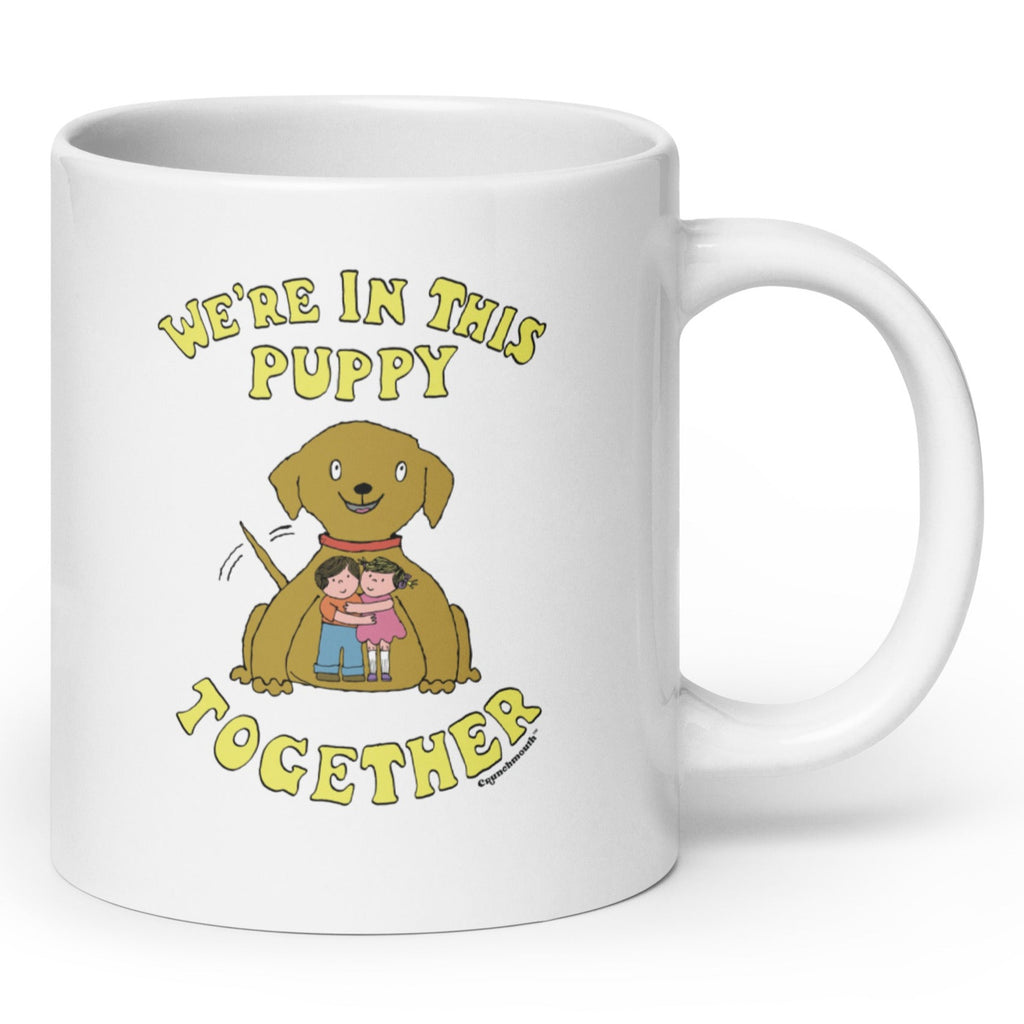 we're in this puppy together coffee mug, 20 ounce, white ceramic, angle 1