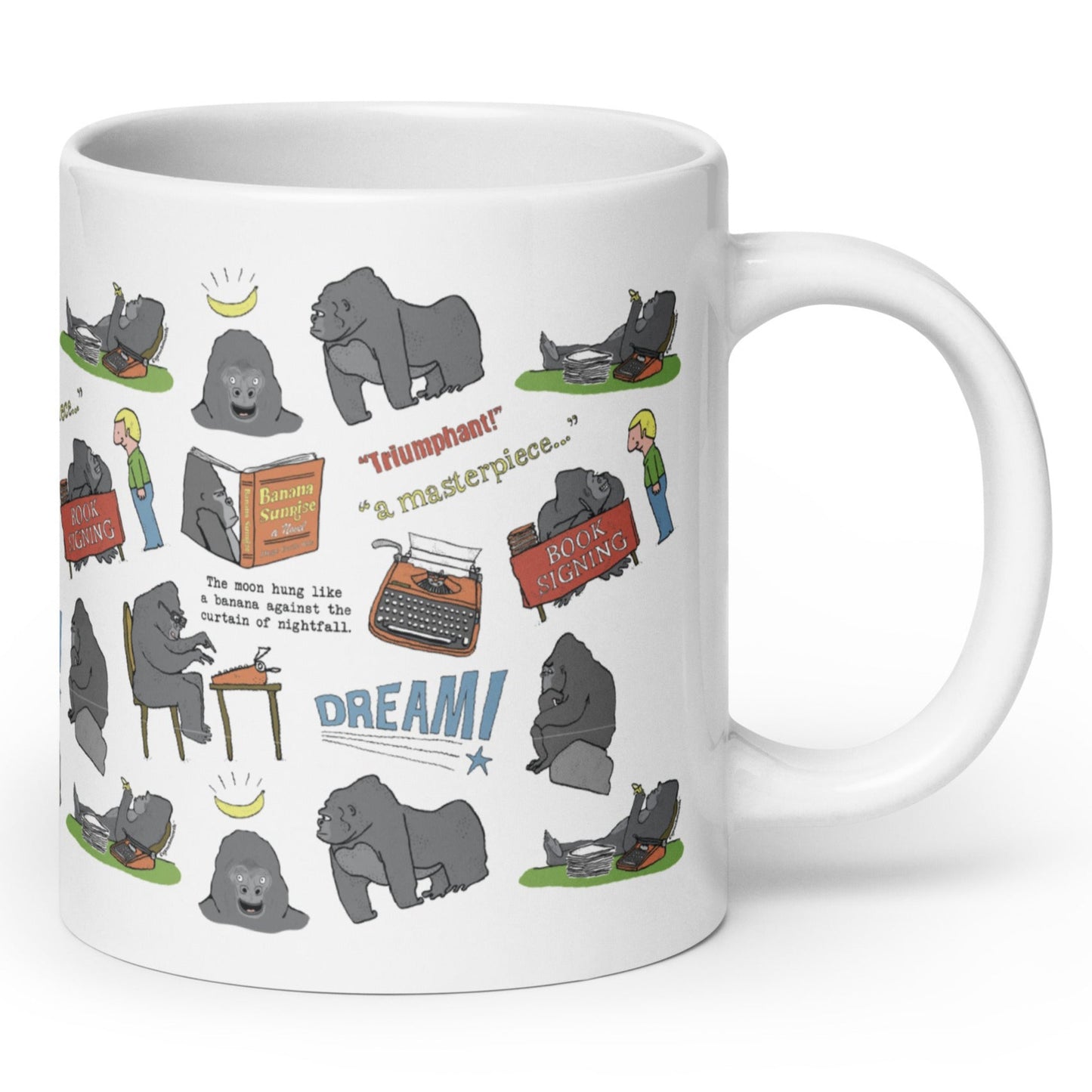 gorilla writes great american funny coffee mug, angle 1