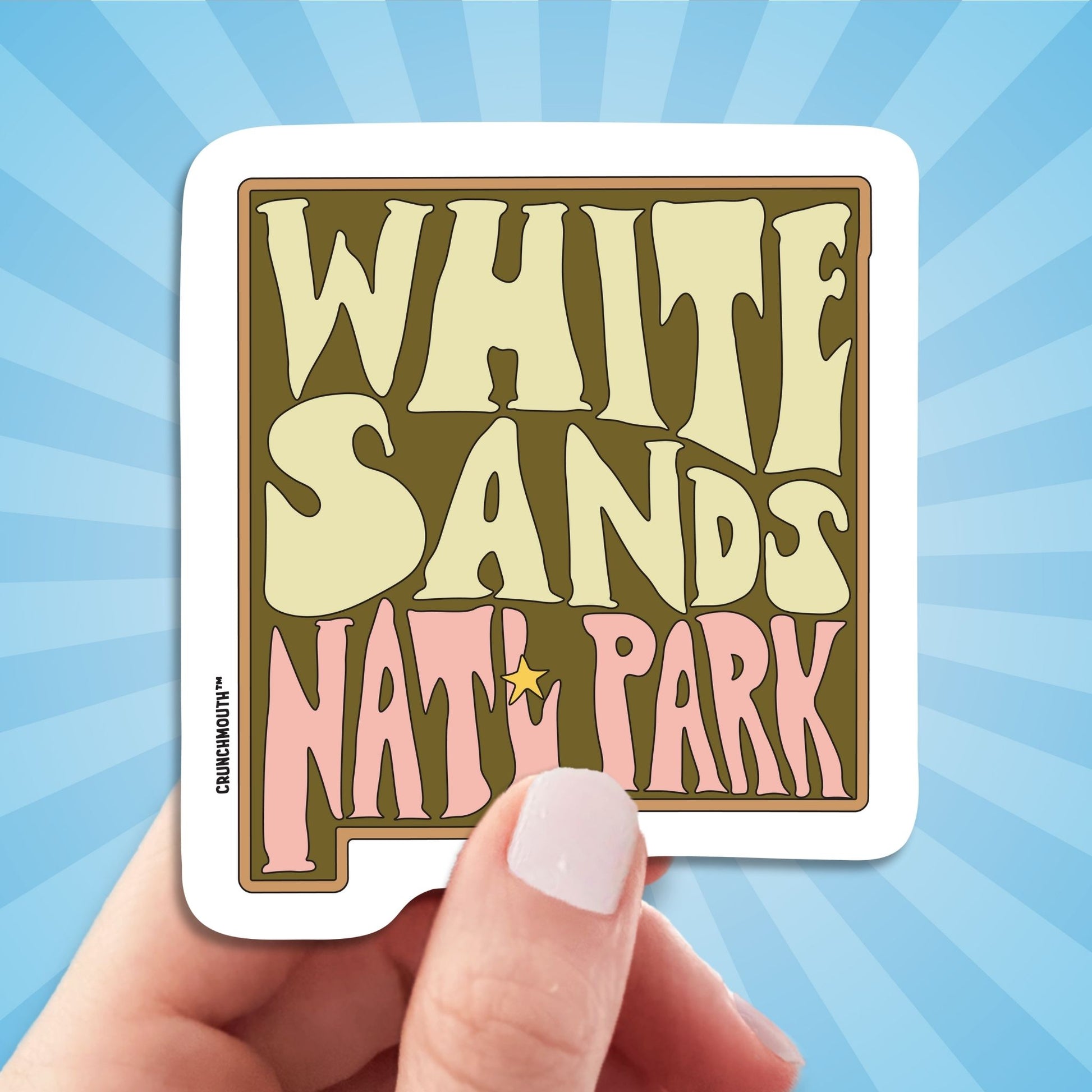 white sands national park travel luggage sticker, hand display, sun rays design background
