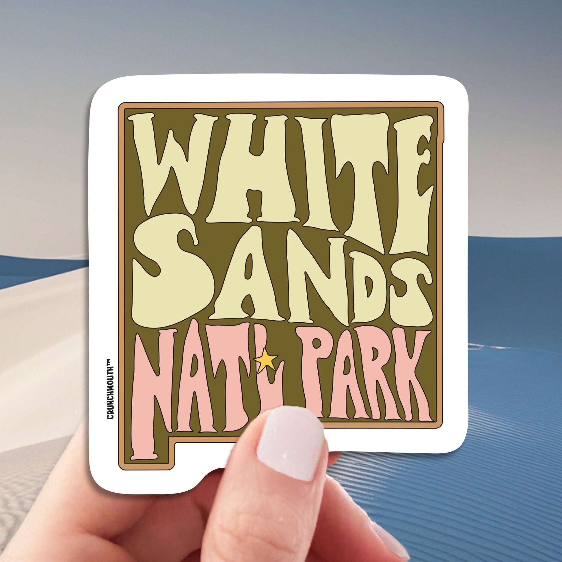 white sands national park travel luggage sticker, hand display, white sands background
