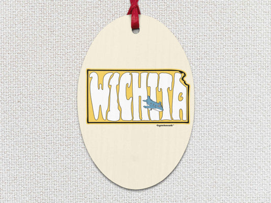 wichita kansas air capital of the world Christmas ornament, front, white textured background