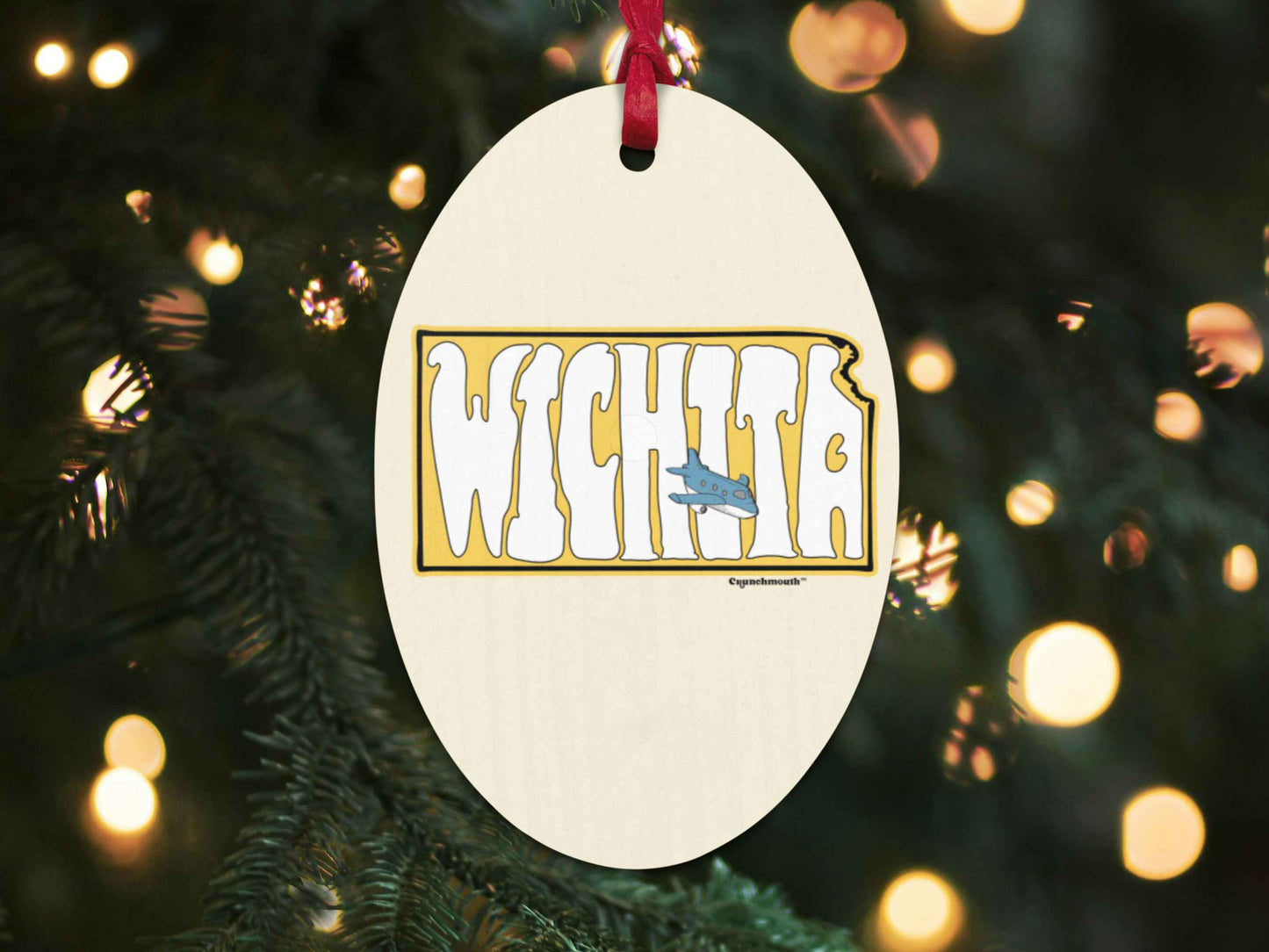 wichita kansas air capital of the world Christmas ornament, back, Christmas tree background