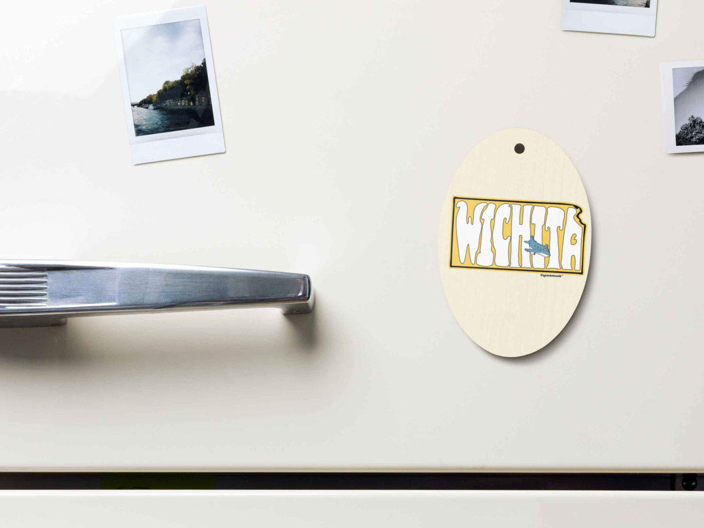 wichita kansas air capital of the world Christmas ornament, back, magnet displayed on metal file cabinet