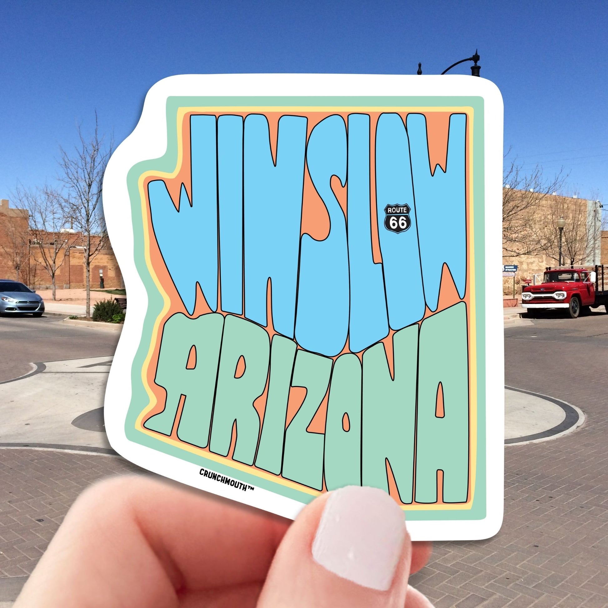 winslow Arizona travel luggage sticker, hand display, winslow arizona background
