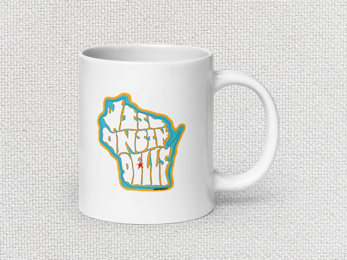 the dells wisconsin souvenir coffee mug, 20oz, handle on right, white textured background