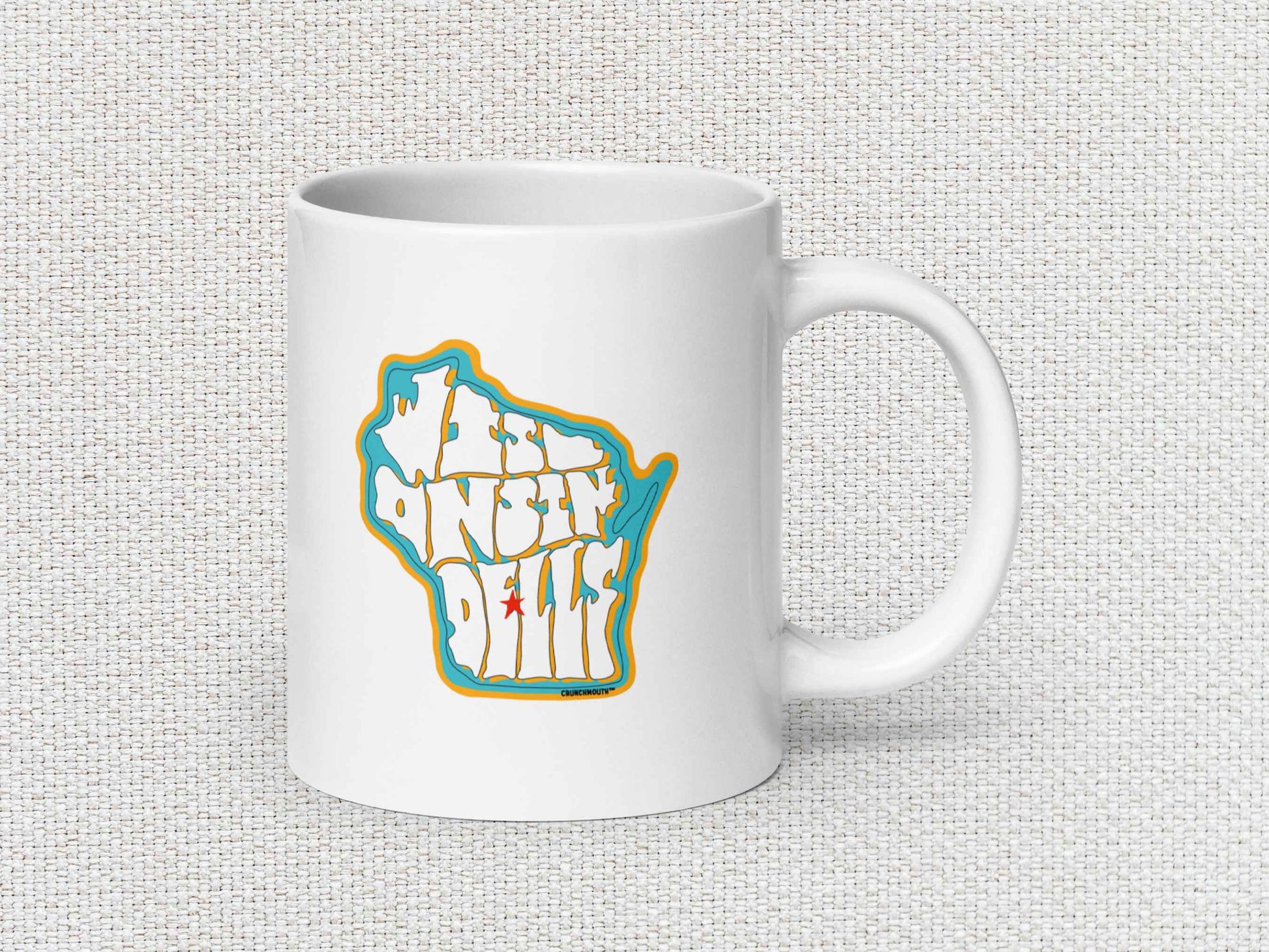 the dells wisconsin souvenir coffee mug, 20oz, handle on right, white textured background