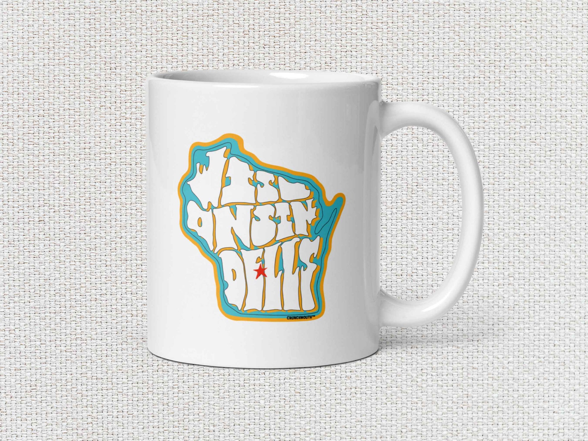 the dells wisconsin souvenir coffee mug, 11oz, handle on right, white textured background