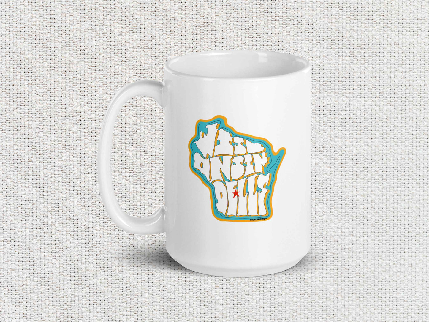 the dells wisconsin souvenir coffee mug, 15oz, handle on left, white textured background