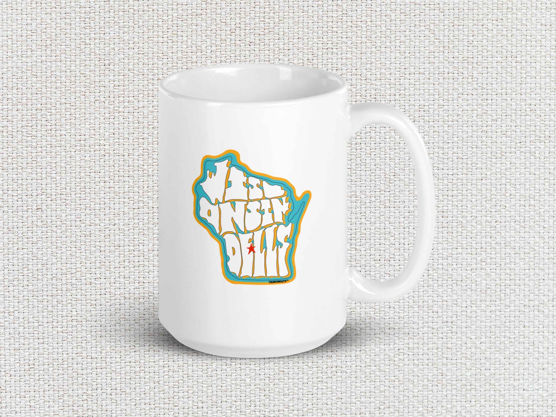 the dells wisconsin souvenir coffee mug, 15oz, handle on right, white textured background