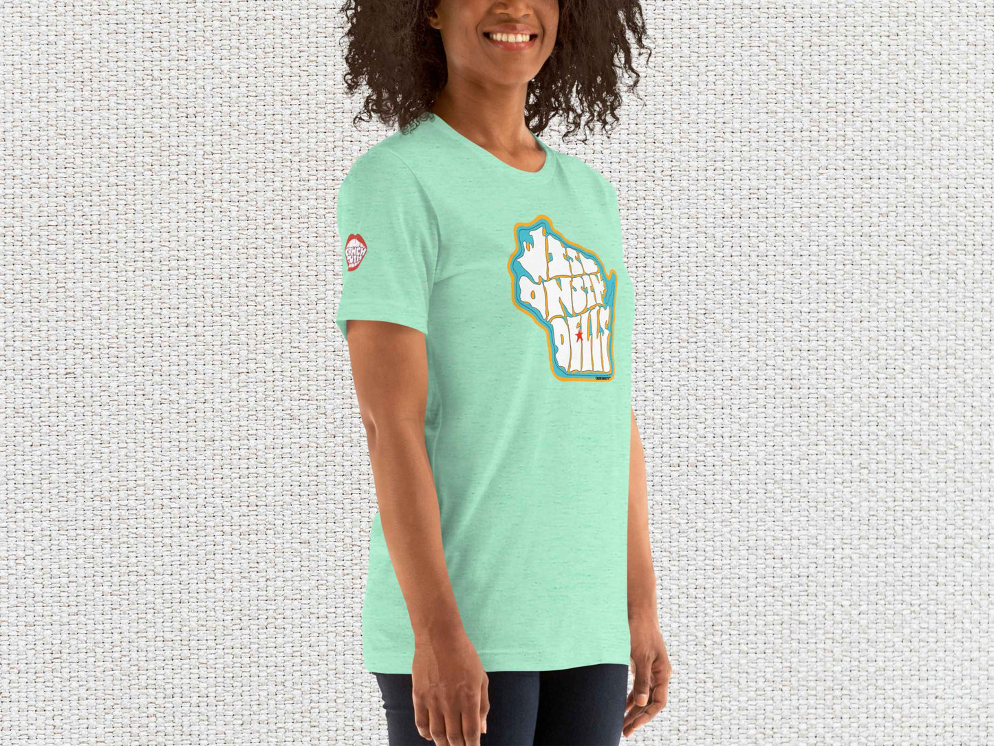 wisconsin dells shirt, female model, front right, white textured background